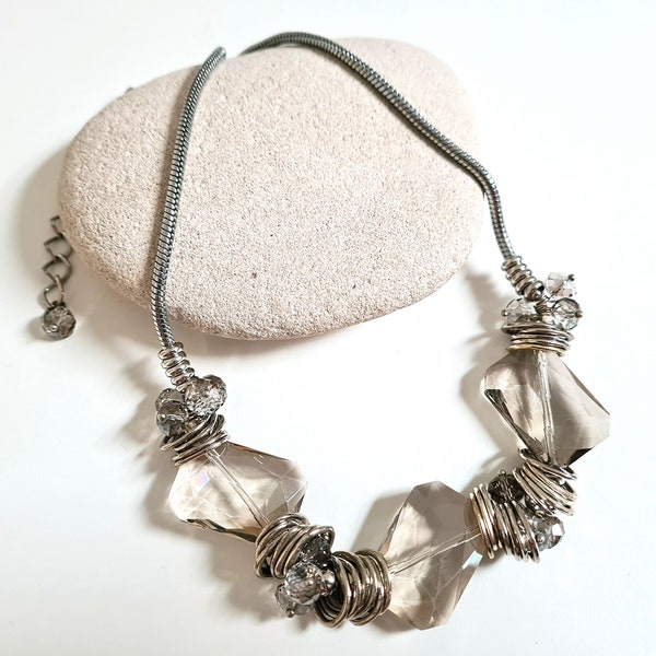 Vintage Chunky Silver Tone and Smoky Crystal Charm Necklace, Contemporary Jewellery Design in Metal and Glass, Snake Chain, Winter Gift UK