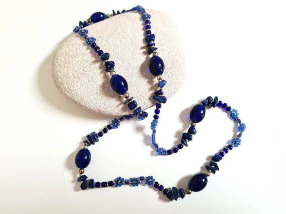 Vintage Cobalt Blue Lapis Lazuli Daisy Chain Neck… - image 1