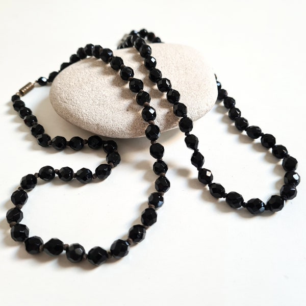 Vintage 1930's French Jet Faceted Glass Knotted Bead Necklace, Midnight Black Jewellery, Evening Accessories, Mourning Necklace, Gifts Her