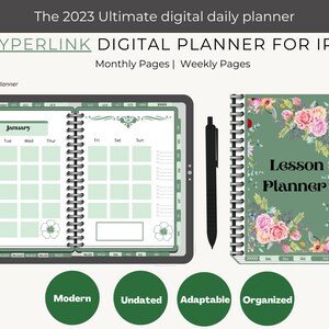 May include: A digital planner for iPad with a green and white floral design. The planner includes monthly and weekly pages. The text "Lesson Planner" is visible on the cover.
