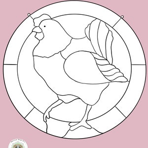 May include: A black and white line drawing of a rooster in a circle. The image is a stained glass pattern for a craft project. The text "Use paint or solder blob for eye" is at the top of the image.