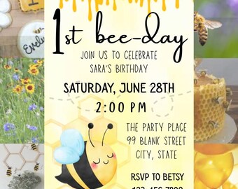 1st Bee-Day Birthday Party Invitation ~ EDITABLE Canva Template / Personalize / Print or Send Digitally!