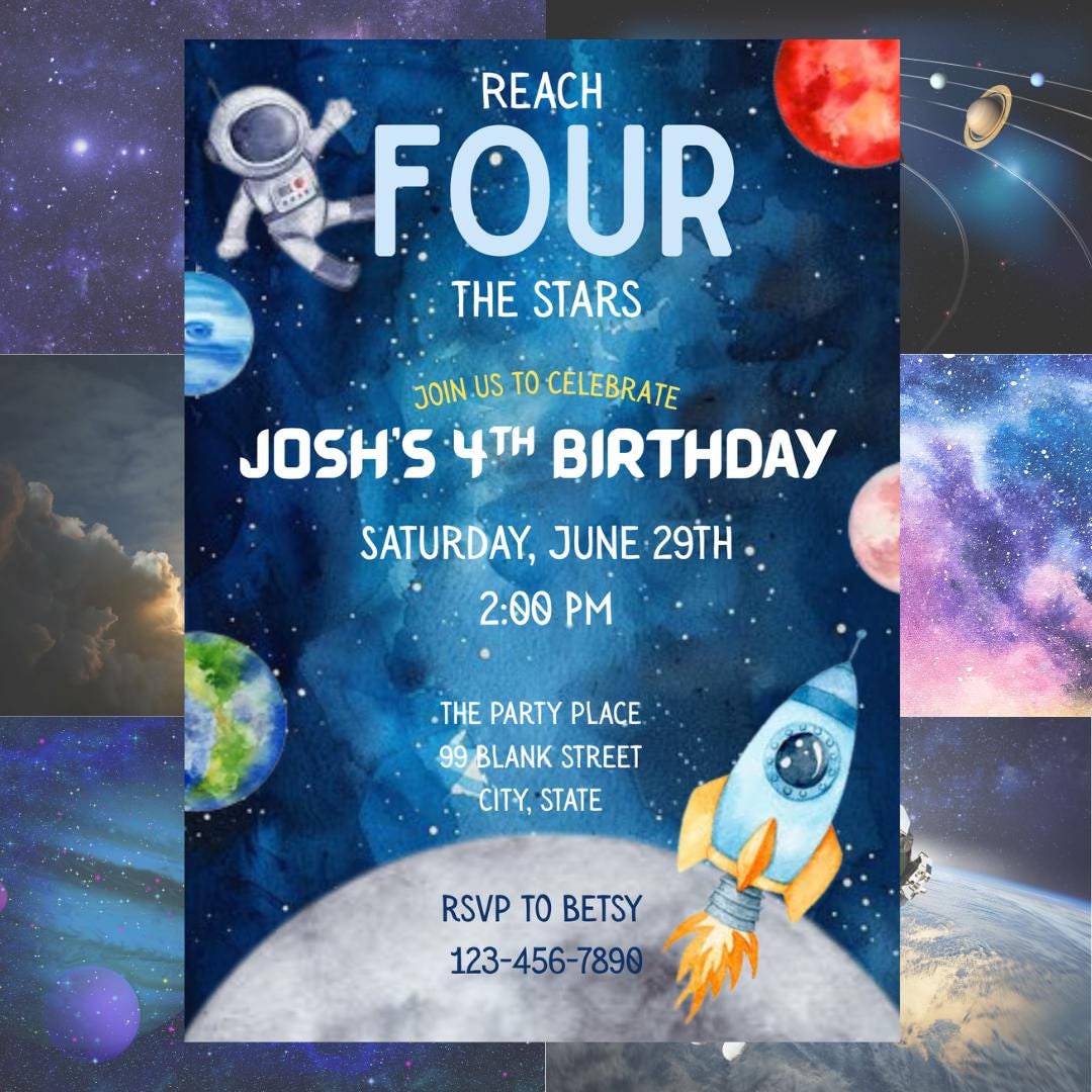 Reach Four The Stars 4th Birthday Party Invitation ~ EDITABLE Canva Template / Personalize / Print or Send Digitally!
