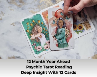 May include: A 12-month tarot reading with 12 cards. The cards feature colorful illustrations of people and symbols. The text on the cards reads "0 Fool" and "XII Sun".