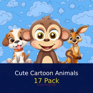 Lot de 17 animaux mignons de bande dessinée Illustrations de personnages d'animaux mignons Téléchargement instantané Cadeaux pour enfants, Impressions numériques, Png, Clip Art image 1