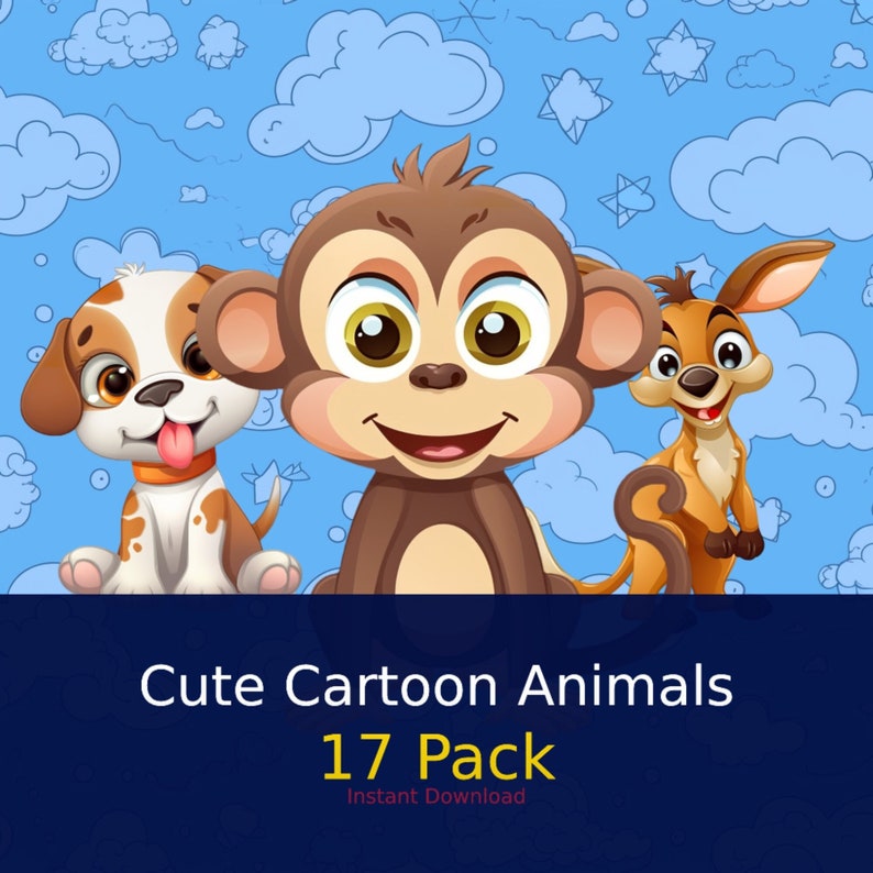 Cute Cartoon Animals 17 Pack Illustrations Of Cute Animals Characters Instant Download Kids Gifts, Digital Prints, Png, Clip Art image 1