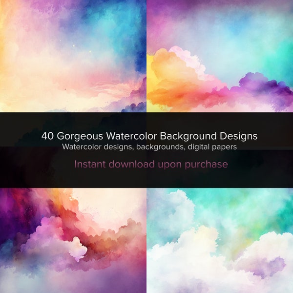 Watercolor Backgrounds Digital Papers 40 Pack | Beautiful Illustrations Watercolor style | Colorful Watercolor Designs, Scrapbook Papers