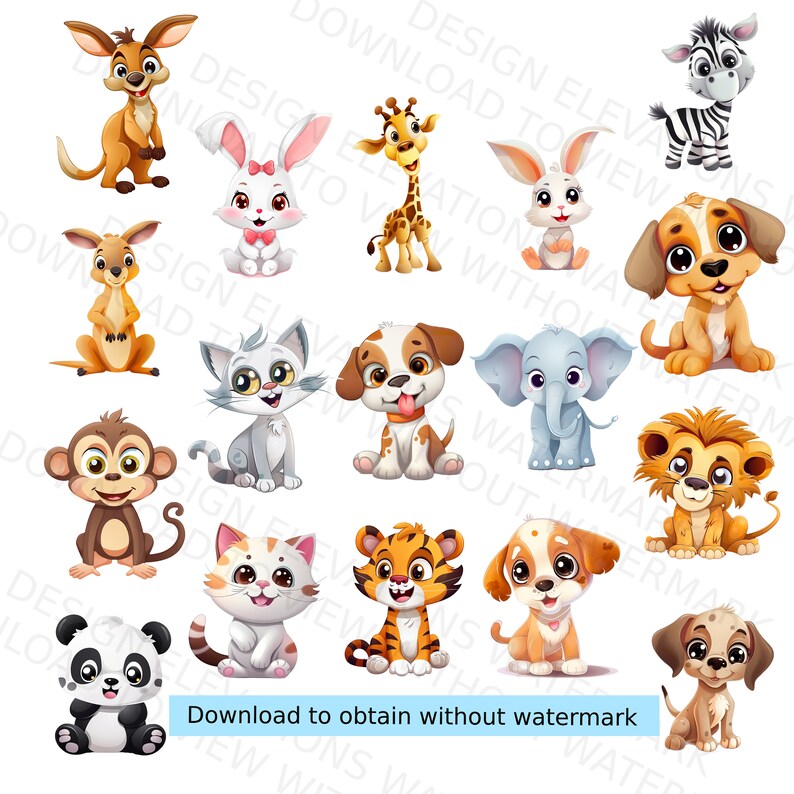 Lot de 17 animaux mignons de bande dessinée Illustrations de personnages d'animaux mignons Téléchargement instantané Cadeaux pour enfants, Impressions numériques, Png, Clip Art image 2