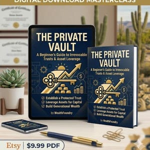 May include: An image featuring a digital download masterclass titled "The Private Vault." The image shows a tablet and a book with the same title, a pen, and a succulent plant. The book cover has a key and arrow graphic.