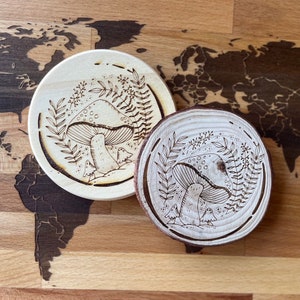Mushroom Engraved Wooden Coasters - Live Edge and Finished Pine
