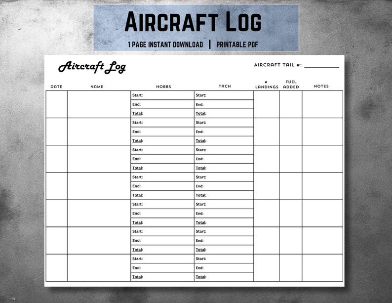 Aircraft Log Printable Hobbs And Tach Time Log Aircraft Rental Log Etsy