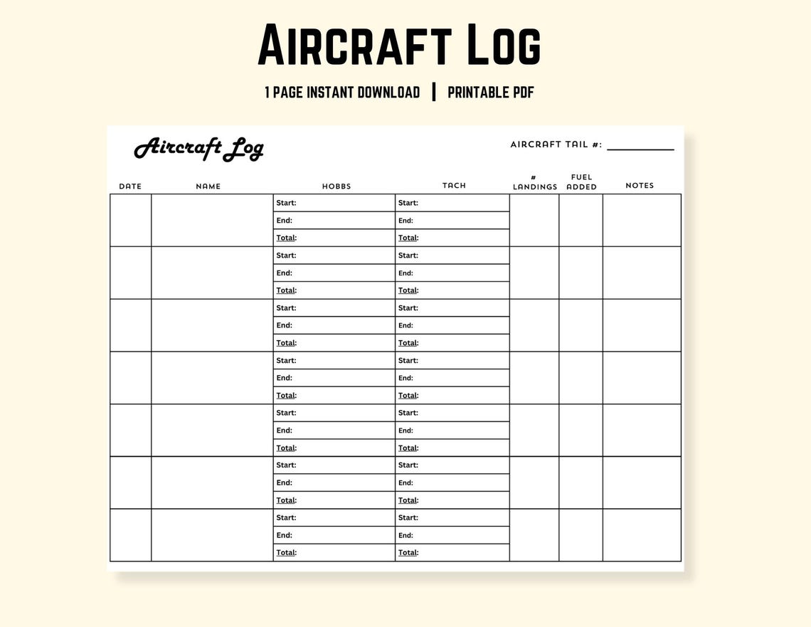 Aircraft Log Printable Hobbs And Tach Time Log Aircraft Rental Log Etsy