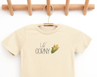 Lil' Corny YOUTH Short Sleeve Tee | Funny Vegetable Tshirt | Veggie Pun Shirt | Goofy Farmer's Market T-shirt | Silly Homesteading Tee