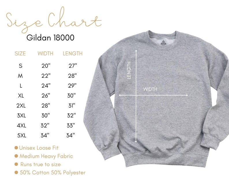 K&ouml;nnte beinhalten: Hellgraues Gildan 18000 Sweatshirt mit Gr&ouml;&szlig;entabelle. Die Tabelle listet die Gr&ouml;&szlig;en S bis 5XL mit entsprechenden Breiten- und L&auml;ngenma&szlig;en in Zoll. Das Sweatshirt ist unisex, locker geschnitten, aus mittelschwerem Stoff und f&auml;llt gr&ouml;&szlig;engetreu aus.