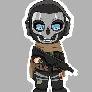May include: A cartoon illustration of a character wearing a black skull mask with blue eyes and a brown scarf, holding a black rifle. The character is wearing a black and brown outfit and has headphones on.