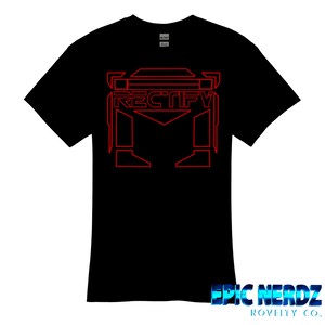 May include: Black t-shirt with a red geometric design and the word "RECTIFY" in a bold font. The shirt features a graphic design that resembles a robot or a futuristic figure. The bottom right corner of the shirt has the text "EPIC NERDZ NOVELTY CO."