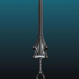 May include: A dark gray decorative sword with a pointed blade and ornate handle. The handle features a ring at the base and decorative elements. The sword is set against a gradient blue background.