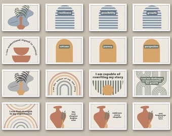 May include: A collection of sixteen rectangular wall art prints in white frames, featuring various graphic designs including arches, vases, rainbows, and text such as resilience, possibility, growth, reframe, journey, perspective, and motivational phrases.