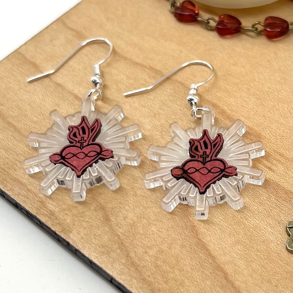 Sacred Heart of Jesus Earrings Dangle Drop Down Laser Etched Earrings, Catholic Jewelry For Women, Confirmation Gift for Girls