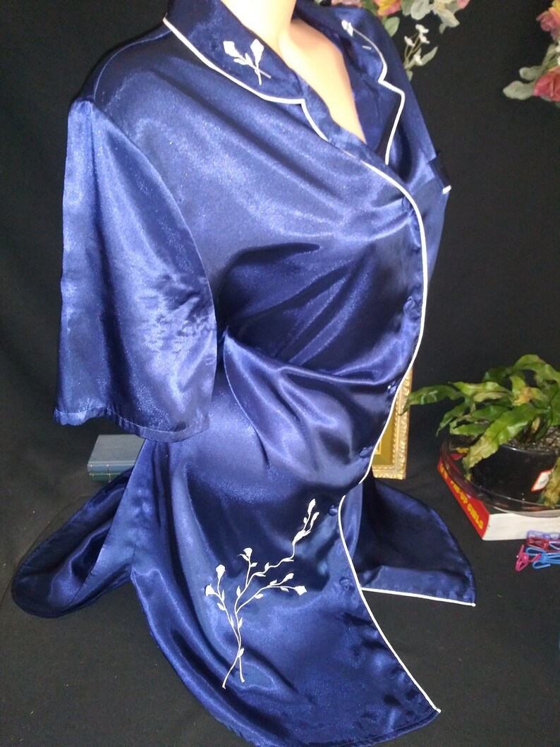 Vtg Satin Nightie Gown Shiny Sapphire Blue Gown Tunic Top Dressing Robe