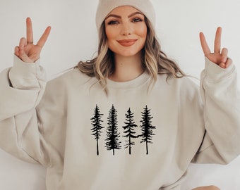 Trendy Camping Sweatshirt - Pine Tree Hoodie - Groenblijvende Bomen Crewneck - Natuurliefhebber Cadeau - Natuurtrui - Wandeltrui