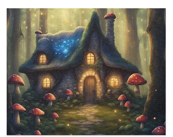 May include: A stone cottage with a mossy roof and glowing windows sits in a forest clearing.  The cottage is surrounded by red and white mushrooms and glowing fireflies.
