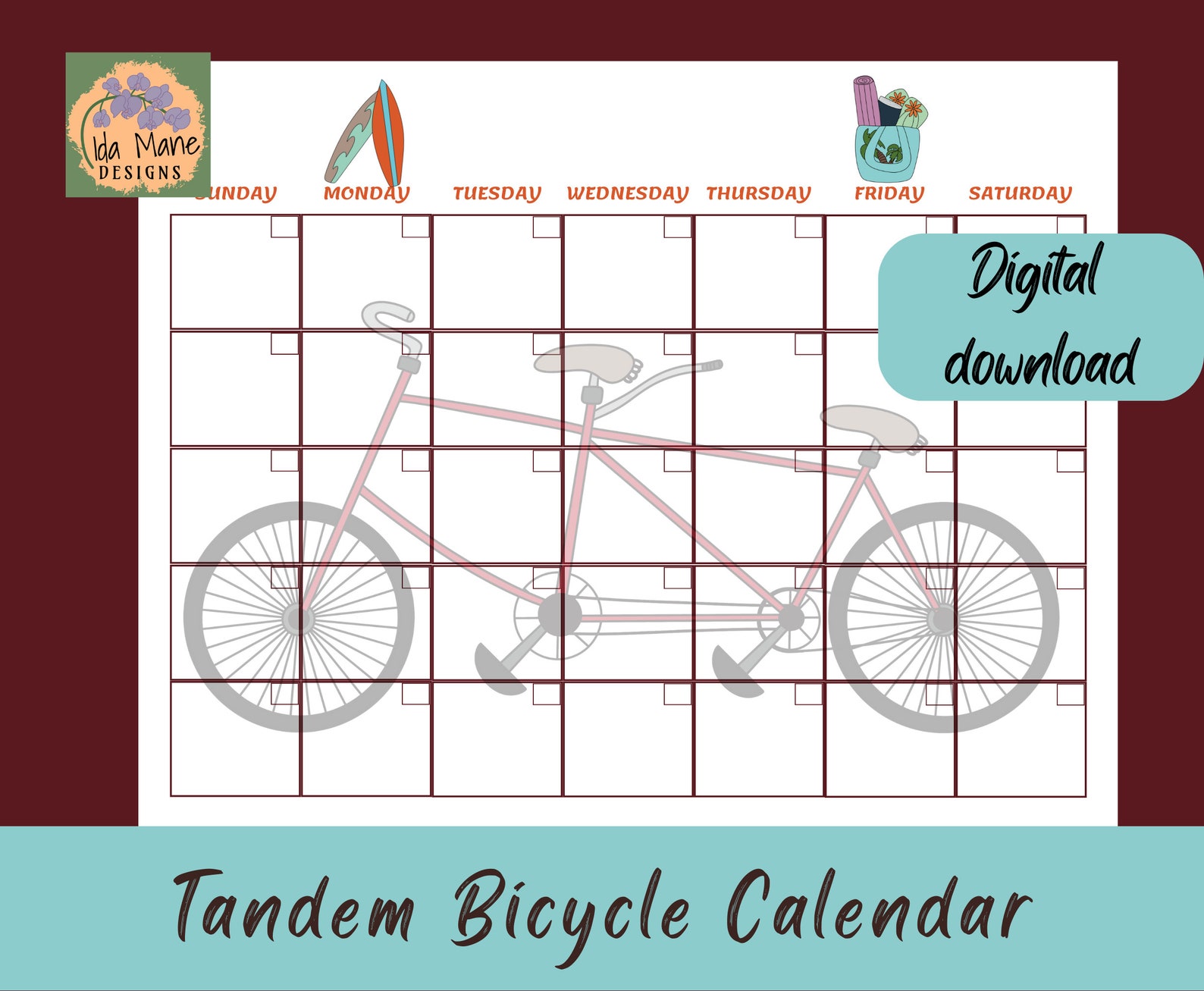Tandem Bicycle Calendar Printable Calendar Printable Etsy