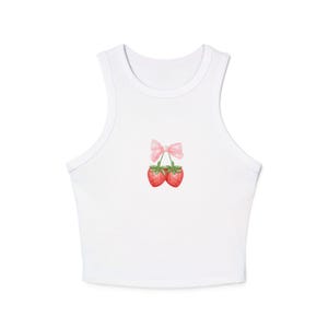 Cute Strawberry Bow Crop Tank Top, Summer Aesthetic Top, Gift for Her, Festival Wear, Cute Casual Outfit, Eco-Friendly Clothing