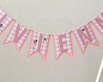 Bees, ladybugs, girly picnic birthday or baby shower | Personalized pink gingham cake topper