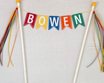 Personalized cake topper bunting-style in colorful primary colors + orange | Striped cake topper | Toddler birthday cake topper