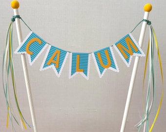 Décoration pour gâteau personnalisée de style guirlande en bleu turquoise, vert et jaune | pour gâteau avec drapeaux | Gâteau prénom coloré