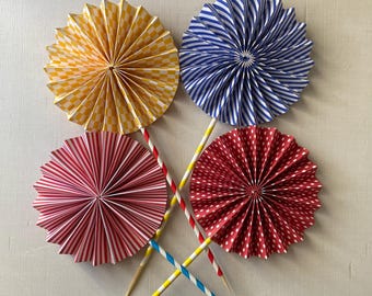 Set of 3 fan pinwheels | Pinwheel rosettes | Carnival pinwheels | Pleated fans | Handmade pinwheels