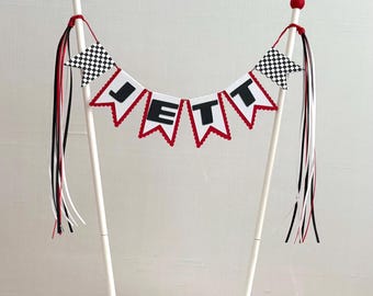 Personalized race car cake topper: car racing party décor with checkered flags