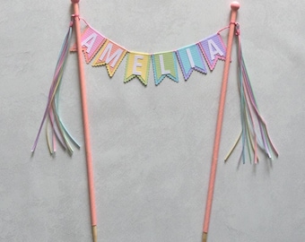 Personalized cake topper bunting-style in pastel shades | Unicorn birthday parties | Pastel cake topper