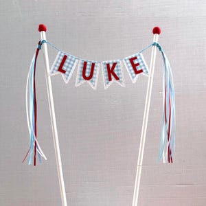 Gingham and dots personalized name cake topper for baby showers or boys birthdays