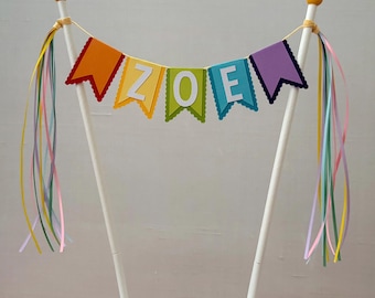 Personalized cake topper bunting-style in colorful bright shades
