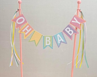 Personalized cake topper bunting-style in pastel shades: Oh Baby for baby showers