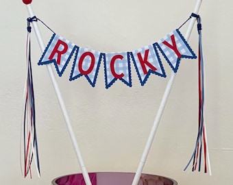 Personalized cake topper in gingham: My Little Firecracker, Fourth of July, Miss Independence