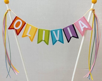Personalized cake topper bunting-style in colorful bright shades