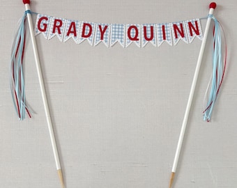 Gingham and dots personalized name cake topper for baby showers or boys birthdays | Skinny flags for larger cakes
