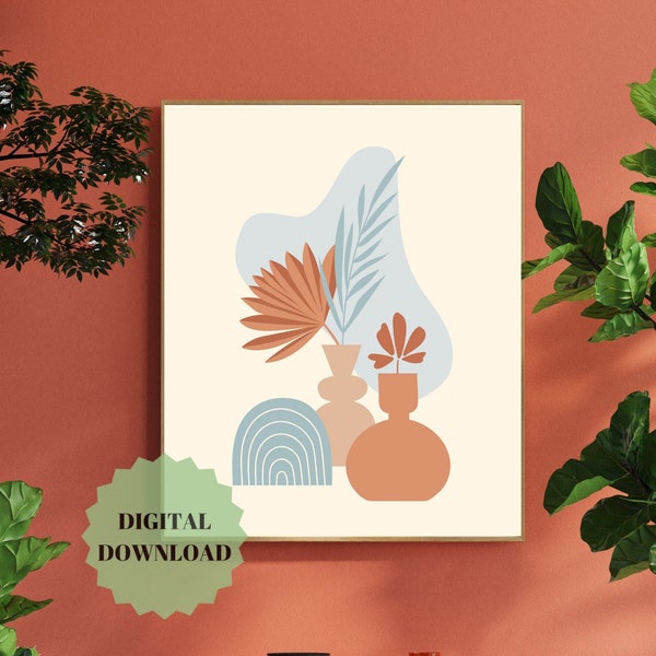 Boho Pottery Botanical Abstract Shape Printable Wall Art, Blue Earth Tone Plant Clay Wall Decor, Aesthetic Vase Leaf Exhibition Poster Print