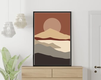 Boho Sun Moon Mountain Art Print, Landscape Wall Decor (Digital Download)