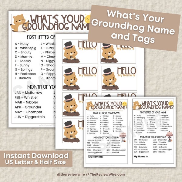 What's Your Groundhog Name Game | Groundhog Name Tag Printable, Punxsutawney Phil, Classroom Party Game, Groundhog Day, Groundhog Printable