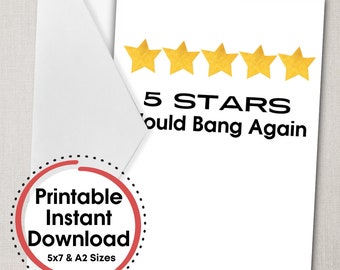 Printable Card 5 Stars Would Bang Again | Downloadable Birthday Card, Funny Card, Digital Card, Last Minute Gift, eCard, Valentine Card