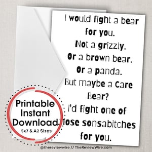 Lucharía con un oso por ti. Tarjeta imprimible/descargable, tarjeta divertida, tarjeta digital, tarjeta electrónica, tarjeta instantánea, tarjeta de amistad.