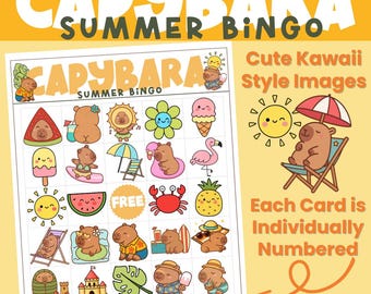40 Unique Printable Capybara Bingo Cards, Summer Bingo, Instant Download Kawaii Bingo Card Family Game Night, Kid's Printable Bingo | Bingo