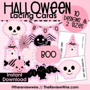 Pink Themed Halloween Preschool Lacing Cards, Fine Motor Skills for Centers, Halloween Montessori Printables, Preschool Activity