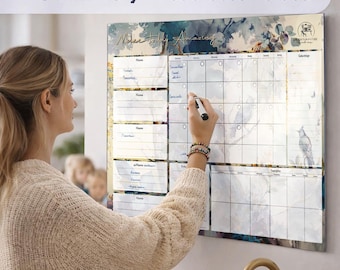 Acrylic Monthly Wall Planner – Erasable Family Planner with Meal Plan | Wipeable Kitchen Wall Calendar | Personalized