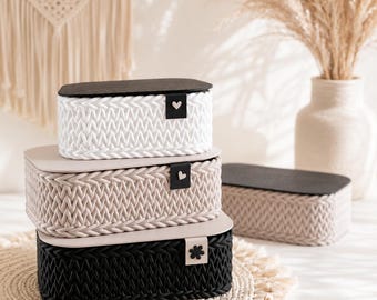 Cesta de almacenamiento con tapa | Cesta estilo bohemio con aspecto de punto | Almacenamiento elegante para el baño, la sala de estar y el dormitorio.