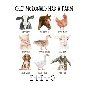 May include: A watercolor illustration of farm animals with their corresponding sounds. The animals include a cow, horse, chicken, pig, duck, sheep, dog, goose, and goat. The text "Ole' McDonald Had A Farm" and "E-I-E-I-O" are also included.